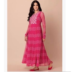 NWT Indya brand Pink Mirror Embroidered & Chevron Print Anarkali Kurta size S
